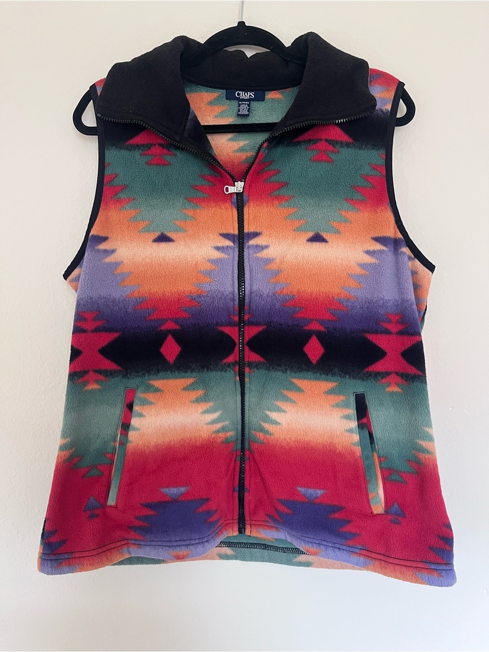 Chaps Multicolor Aztec Fleece Vest with Black Collar